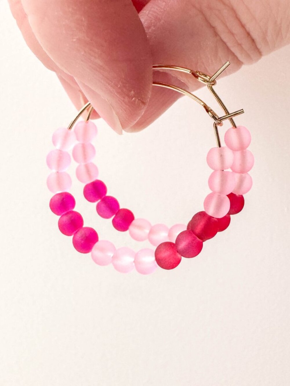 Recycled Glass Hoop Earrings Pink Black White Stainless Steel Beaded - Picture 8 of 12